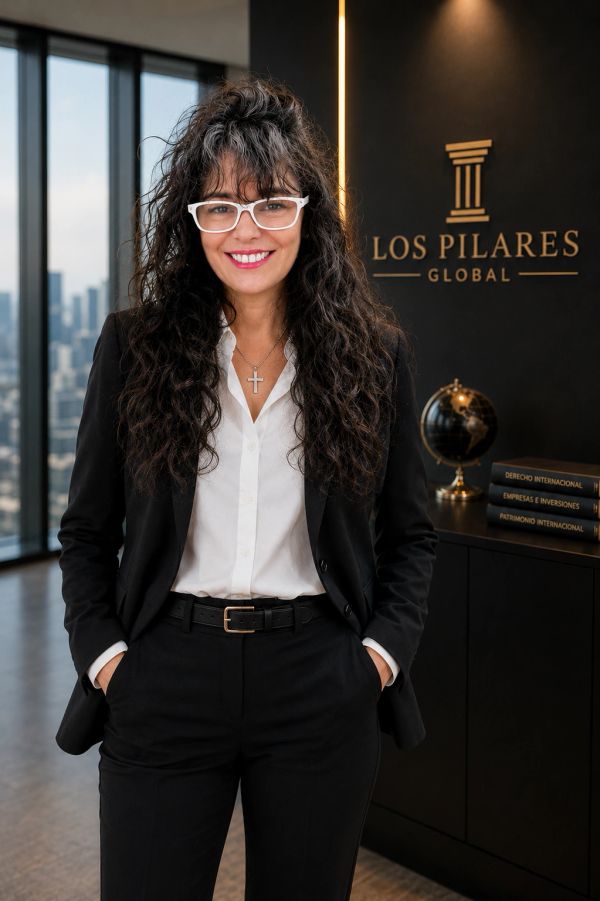 Mujer de negocios sonriente con gafas blancas en oficina moderna.