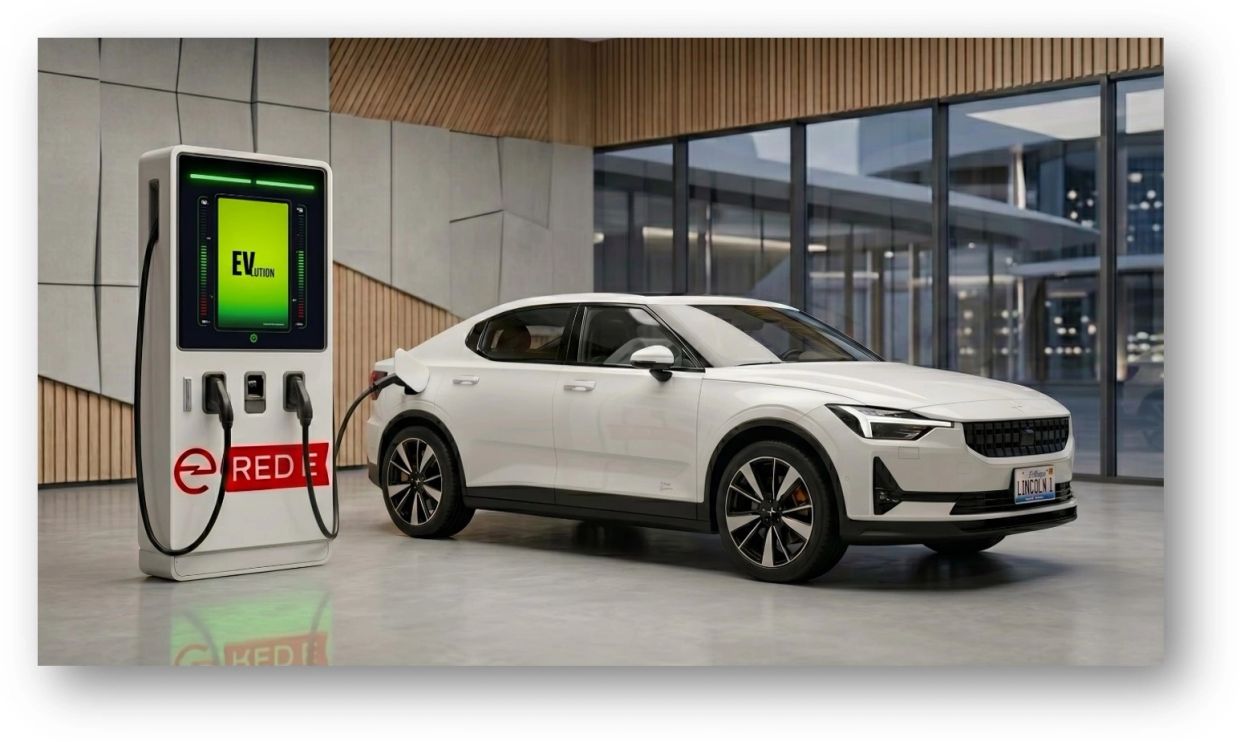 White electric car charging indoors at a modern station.