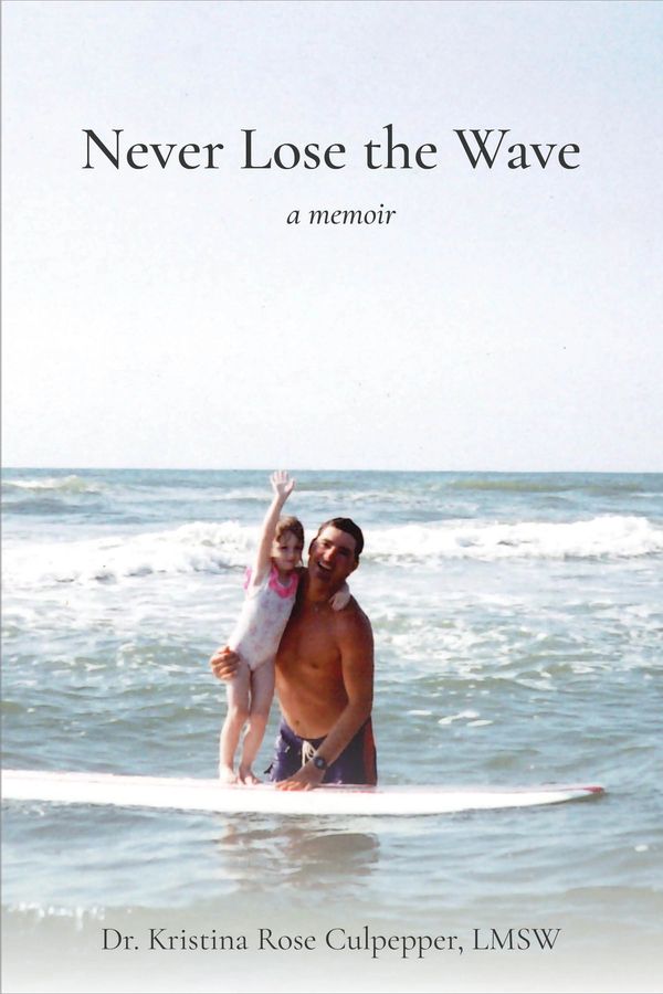 A man and a child smiling on a surfboard in the ocean.