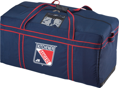 Large blue sports bag with red straps and Kitchener Rangers logo.