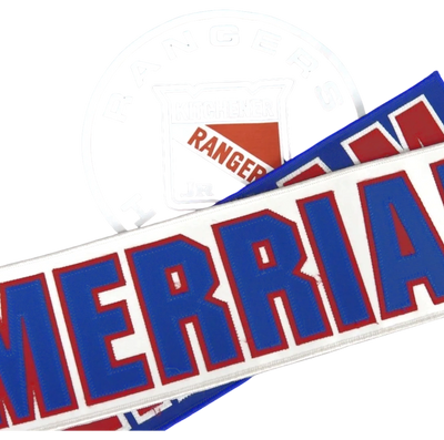 Merriam Rangers sports patches with bold red and blue lettering.