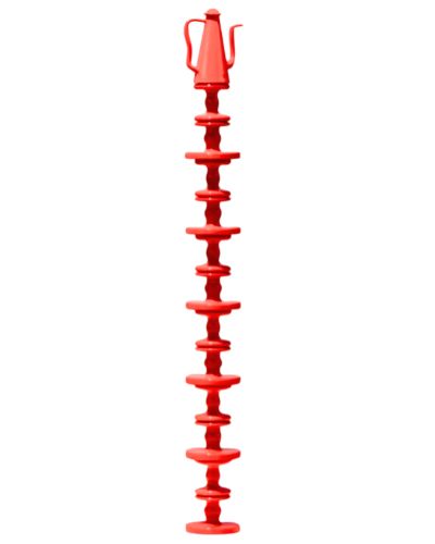 Tall sculpture made of stacked red teapots and trays.