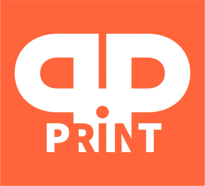 Logo with mirrored 'P' and text 'PRINT' on orange background.