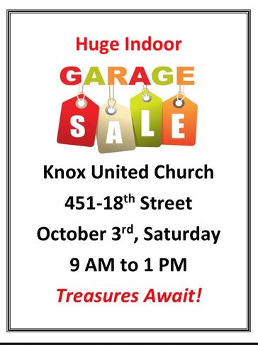 Flyer for a huge indoor garage sale at Knox United Church.