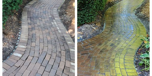 Cleaning, sanding, and sealing of a brick paver walkway.