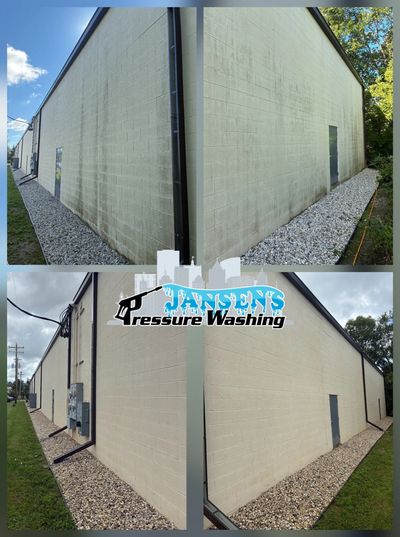 Before and after pressure washing of a building's exterior walls.