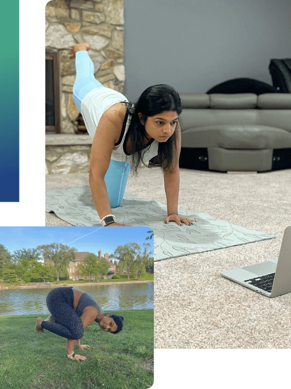 Woman exercising indoors on a yoga mat following a laptop.