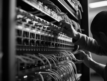 IT technician patching fiber optic cabling into back of server on rack