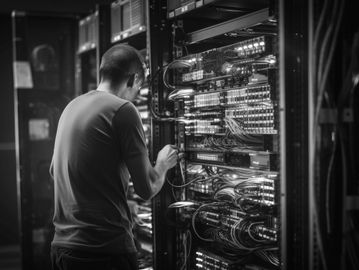 IT technician troubleshooting switch gear in network rack