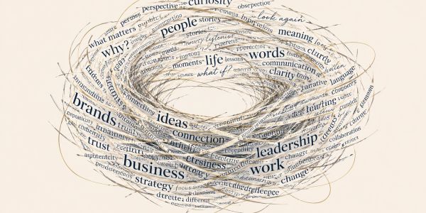 Swirling words related to business, leadership, and ideas.