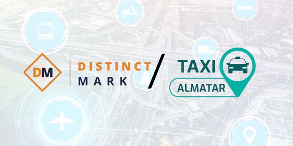 Logo design combining Distinct Mark and Taxi Almatar with transportation icons.