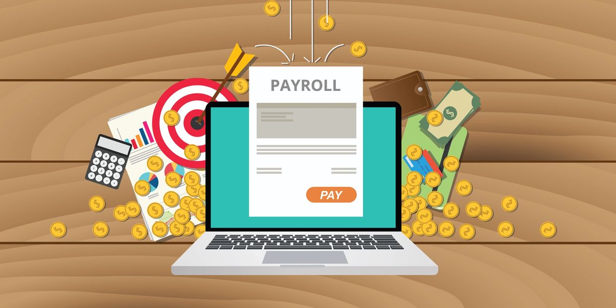 Digital payroll payment concept with laptop, money, and financial charts.