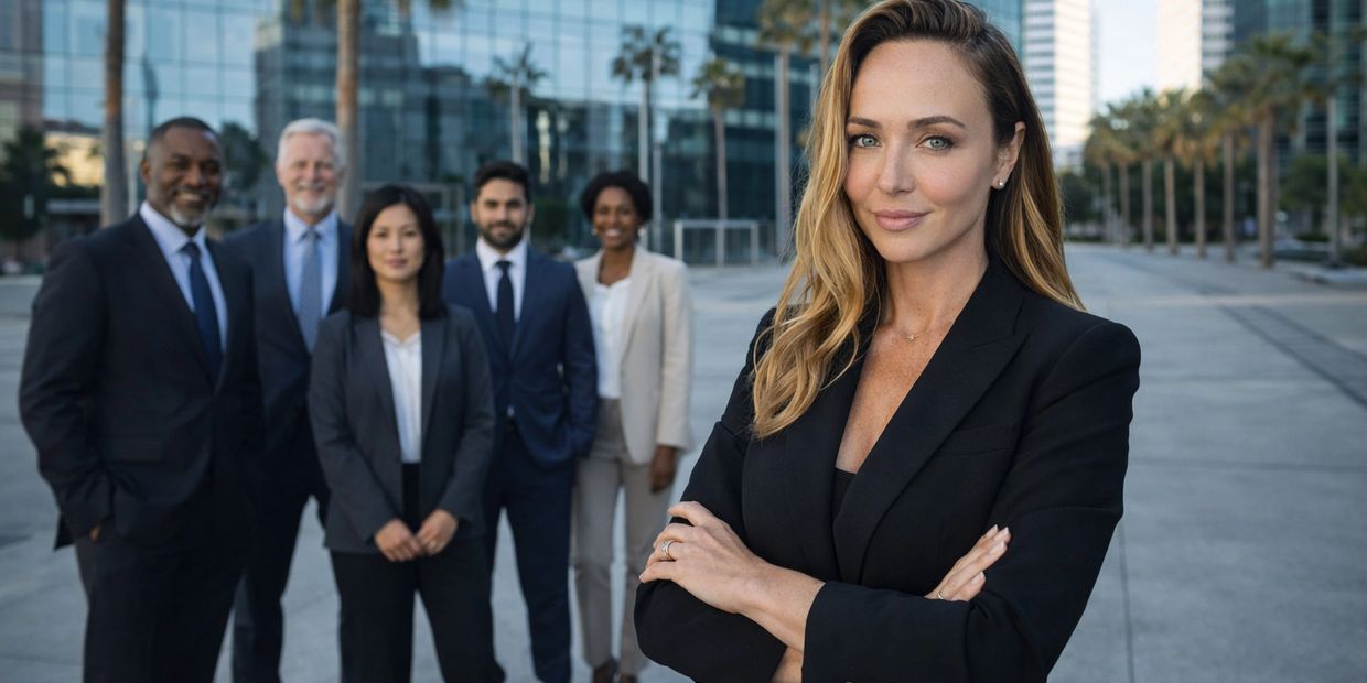 Confident businesswoman leads her diverse team outdoors in a professional setting.