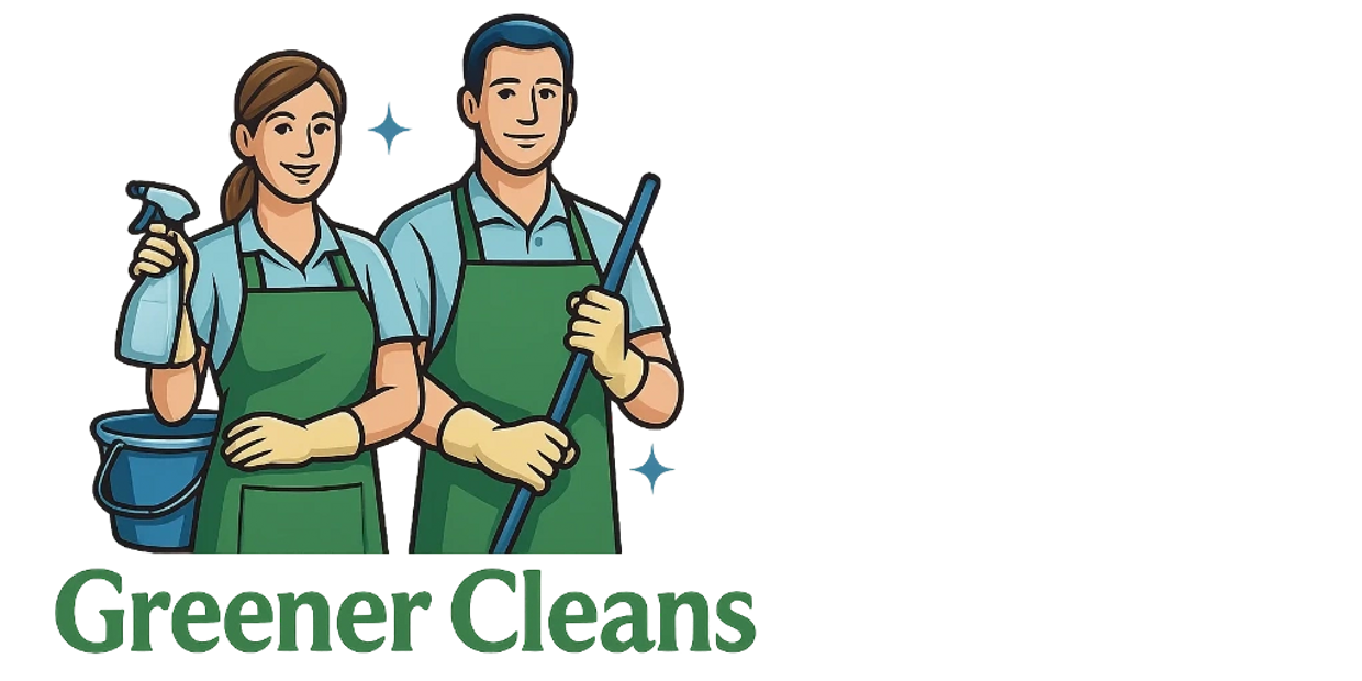 Two friendly cleaners in green aprons holding cleaning tools with "Greener Cleans" text.