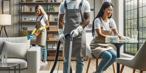 Three people cleaning a modern living room with vacuum and cloths.