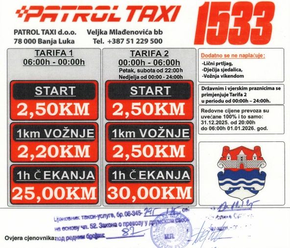 Patrol Taxi price list and contact information.