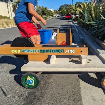A child with a wooden cart promoting Amazon Rainforest awareness on a sunny street.