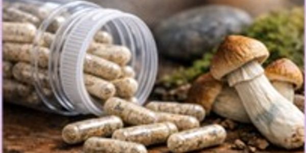 Capsules spilling from a bottle next to fresh mushrooms on a wooden surface.