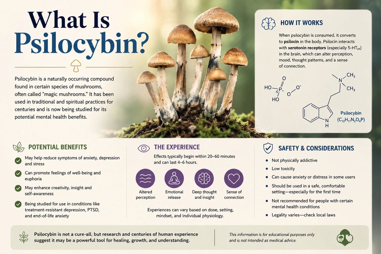 Informative infographic explaining what psilocybin is and its effects.