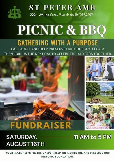 BBQ Grill with flames and photos of family and friends dining together against a black and green bac