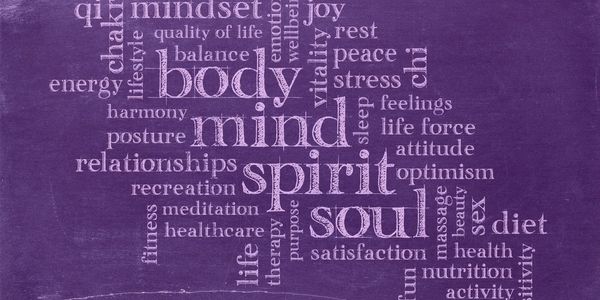 A calligram with the main words being
body 
mind
spirit
soul