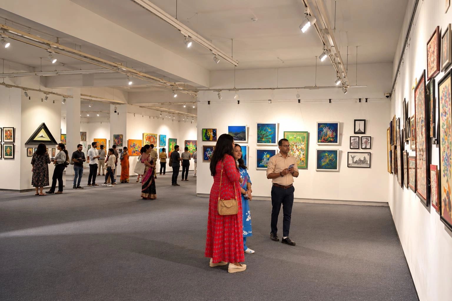 People admiring art in a spacious gallery.