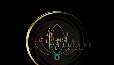 Elegant logo for 'Aligned Wellness' with a lotus and gold circle on black.