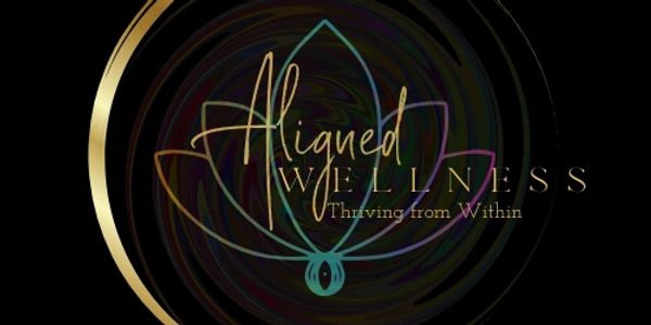 Elegant logo of Aligned Wellness with a lotus and gold accents.