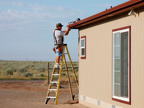 A handyman on a ladder installing a radon protection on a house.







