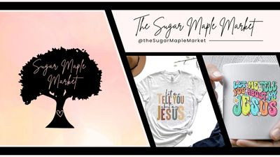 Logo and merchandise designs for The Sugar Maple Market featuring faith-based themes.