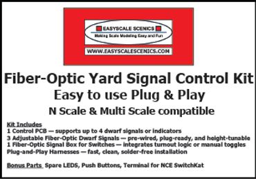 Fiber-optic yard signal control kit for easy plug-and-play use with N scale compatibility.