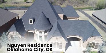 Aerial view of Nguyen Residence in Oklahoma City, OK, featuring a large house with dark roof.