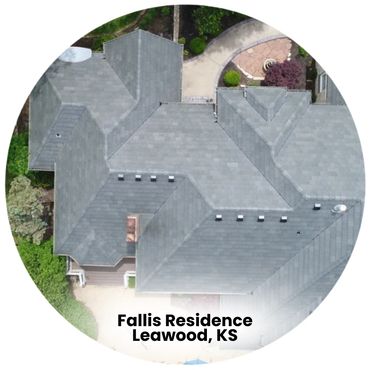 Aerial view of Fallis Residence roof in Leawood, KS with landscaped garden.