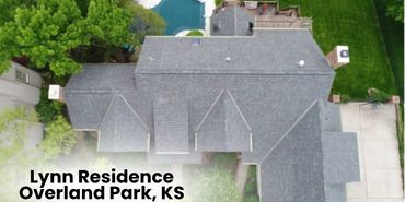 Aerial view of Lynn Residence in Overland Park, KS, showing roof and yard.