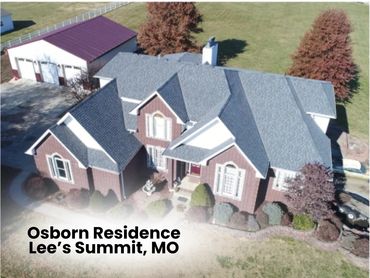 Aerial view of Osborn Residence in Lee's Summit, MO with landscaped yard and garage.