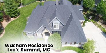Aerial view of a residential house in Lee's Summit, MO with manicured lawn.