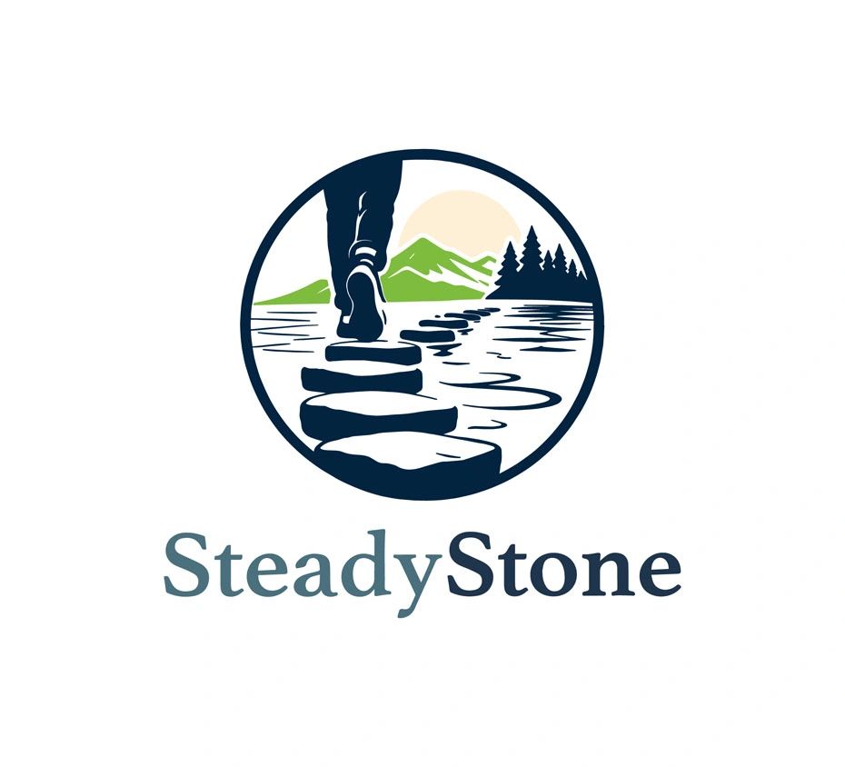 Logo featuring stepping stones across water with mountains and trees in the background.