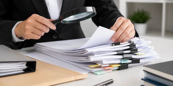 Person examining documents with a magnifying glass at a desk.