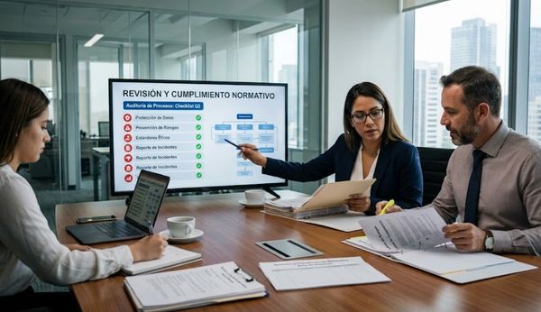 Business professionals reviewing compliance checklist in a modern office meeting.