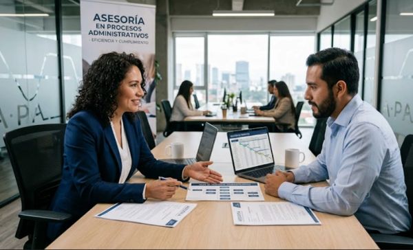 Professionals discussing administrative processes at a business meeting.