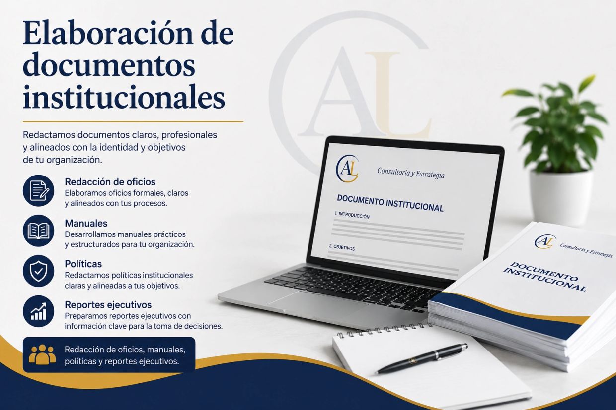 Servicio de elaboración de documentos institucionales claros y profesionales.