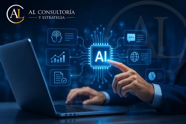 Businessman interacting with AI technology on a laptop for consultancy and strategy.