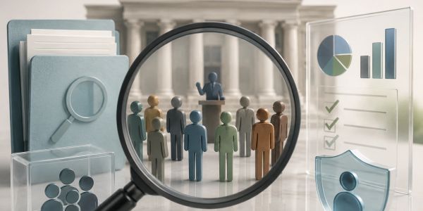 Magnifying glass focusing on wooden figures representing voters and a speaker at a podium with data and security icons.