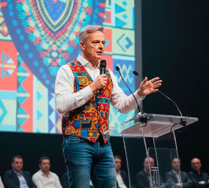 Man in colorful vest speaking at a podium.