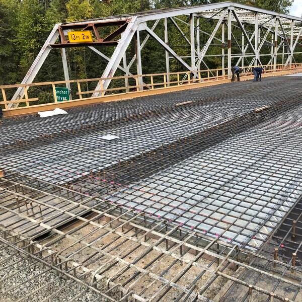 Bridge under construction with steel rebar.