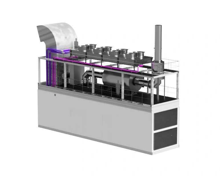 3D model of an industrial furnace with ventilation and piping system.