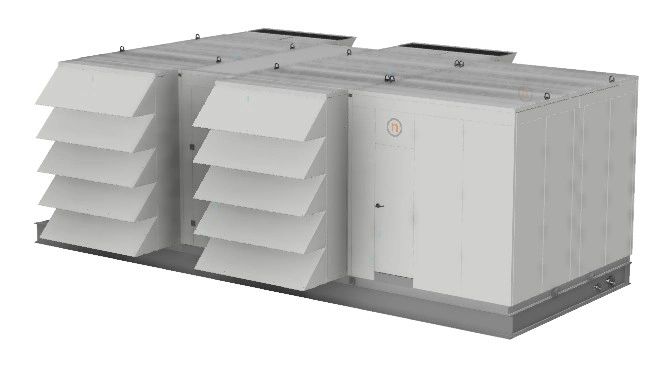 Industrial HVAC unit with ventilation louvers and access door.