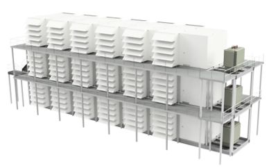 Modular data center units stacked on a metal framework.