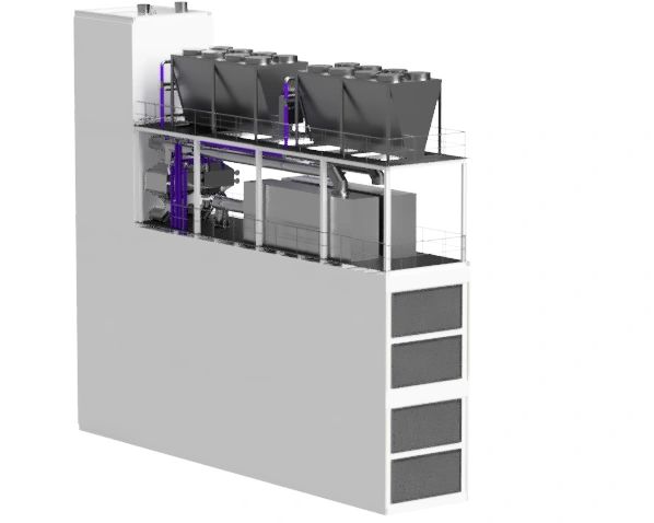 3D model of industrial machinery with cooling units and piping.