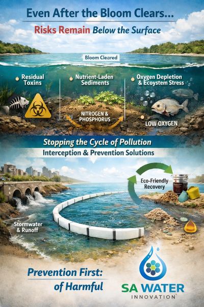 Infographic showing water pollution risks below surface and eco-friendly prevention methods.